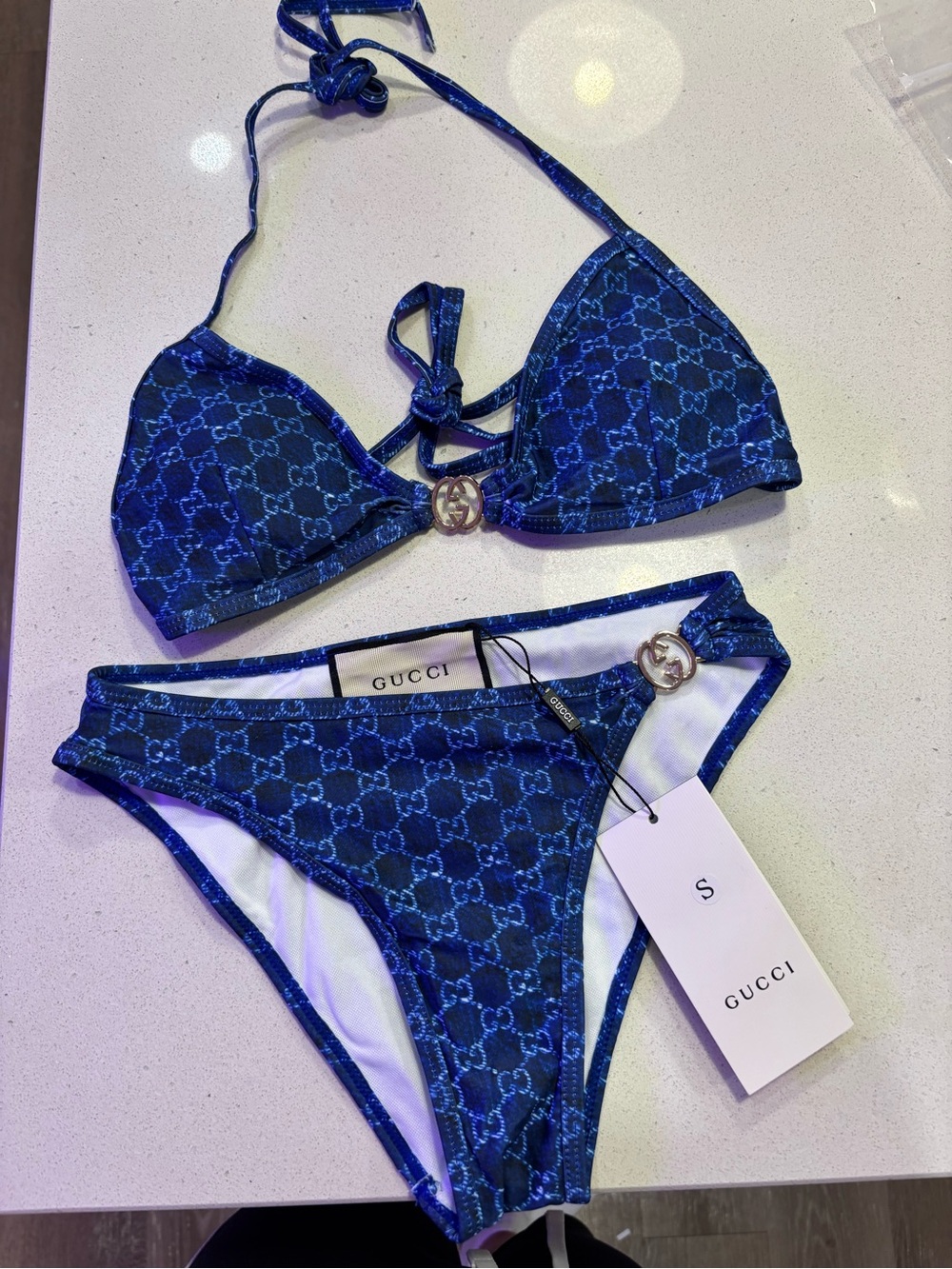 Gucci Navy Blue GG Triangle Bikini Set with Gold Hardware